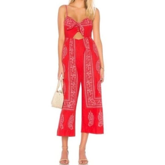 Free People Feel The Sun Jumpsuit Red Paisley Linen Wide Leg Size 0 Orig. $148 - Picture 3 of 10